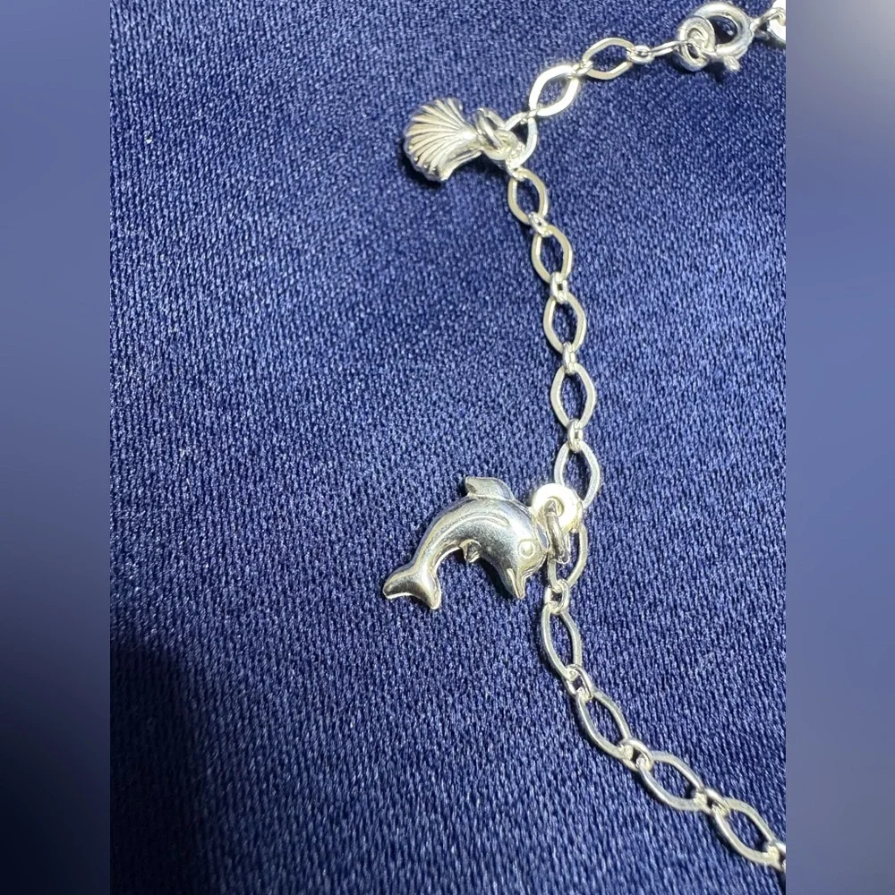 ANKLE Bracelet*925 Sterling Silver Shell and Dolphin Charm Link Chain